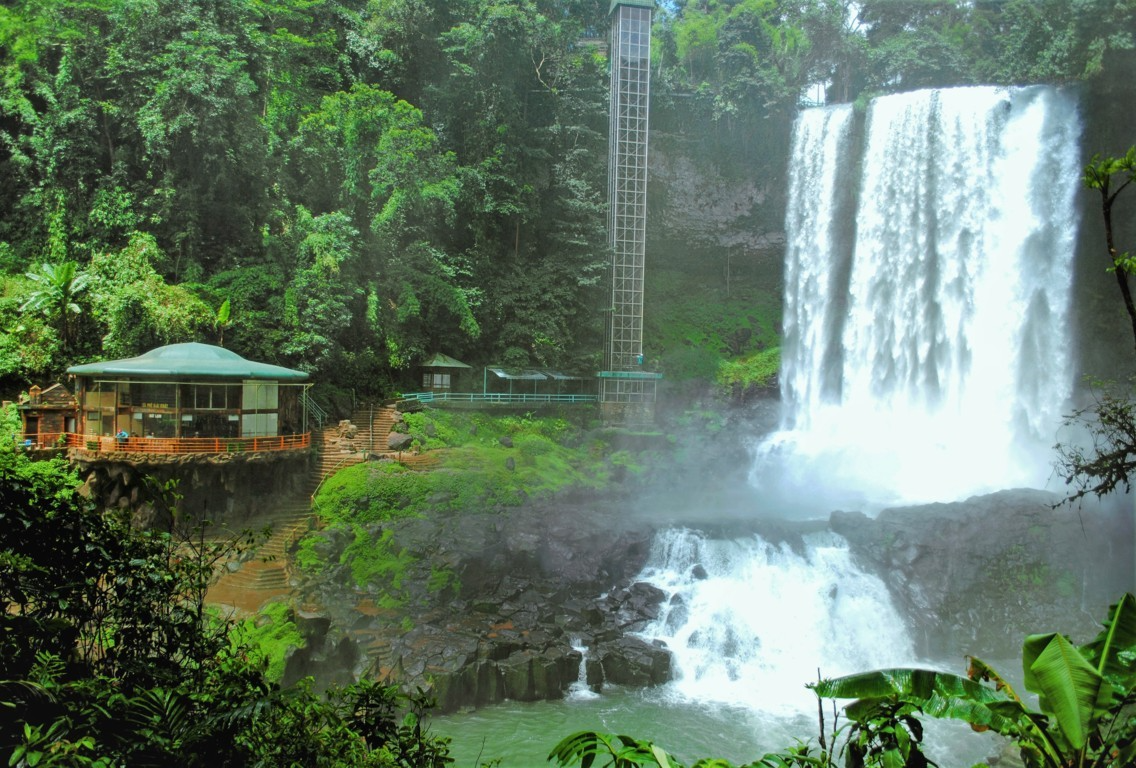 High, thundering drop and rainbow mists in a forested reserve