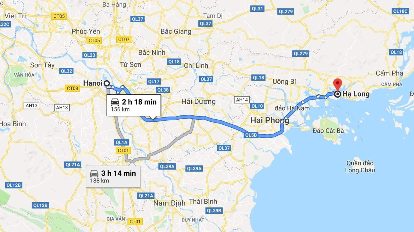 Map showing travel routes from Hanoi and nearby airports to Ha Long Bay