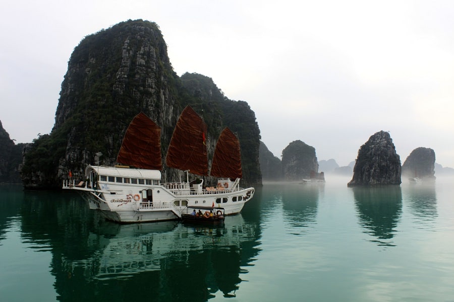 Ha Long Bay enveloped in gentle morning mist during winter