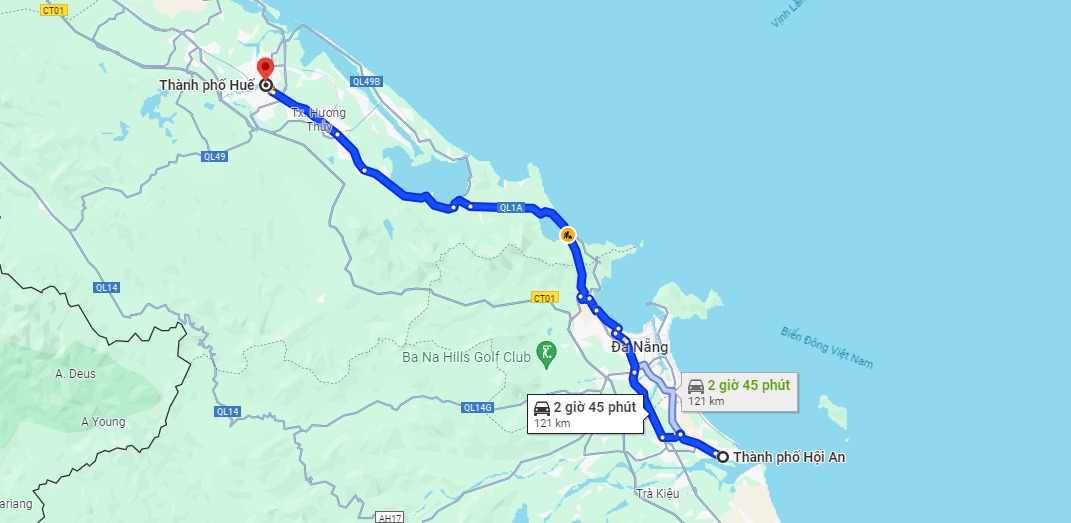 Map illustrating travel routes between Da Nang, Hoi An and surrounding attractions