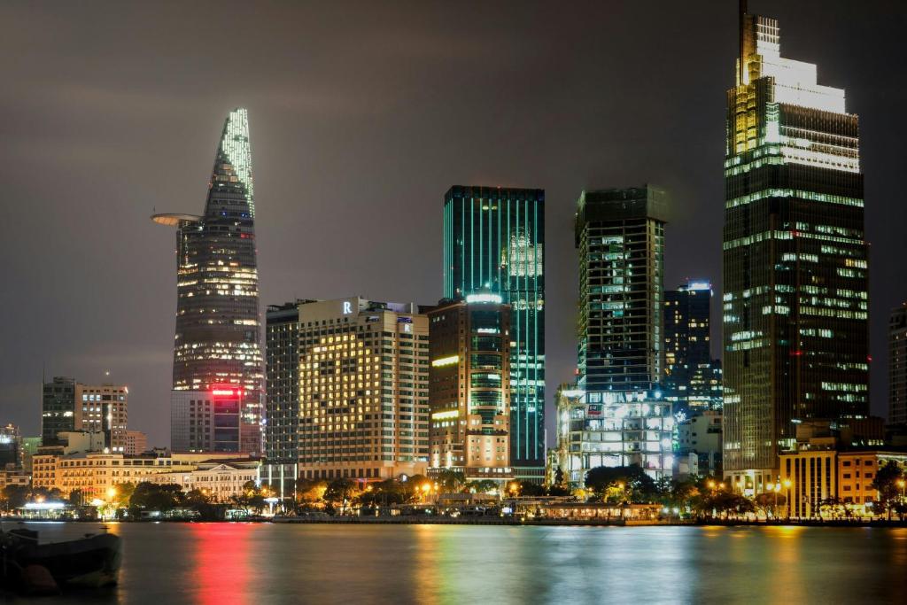 Guests enjoy spectacular skyline views from a central Saigon hotel.